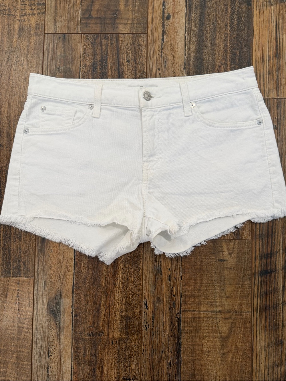 7 For All Mankind White Denim Frayed Hem Shorts